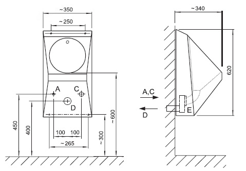Figure - AUP 02 automatic stainless steel urinal with built-in automatic flushing system