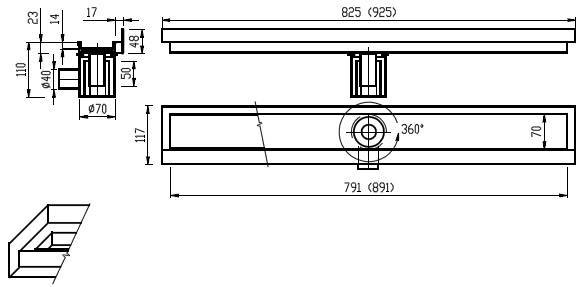 Figure - PZ 014LP draining trough for embedding of tiles - between three walls