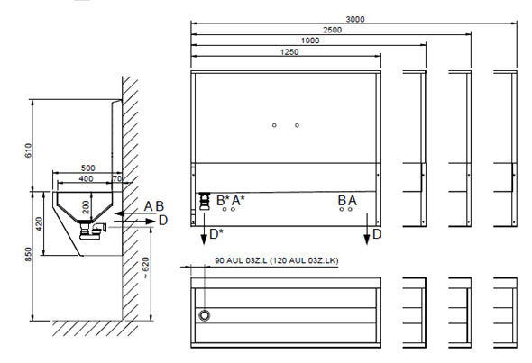 Figure - AUL 03Z.L suspension stainless steel wash-trough with back and medical mixers