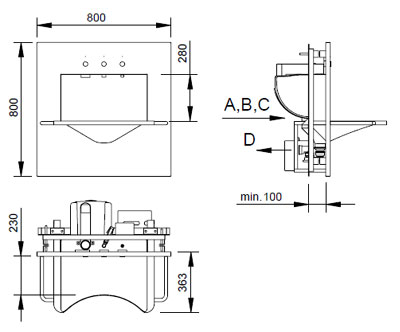 Figure - AUM 026 INV Stainless washbasin, wall-mounted, for handicapped people ? with a soap dispenser and hand dryer