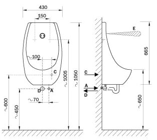 Figure - AUP 3 DOMINO ceramic urinal with automatic flushing