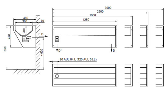 Figure - AUL 05.L suspension stainless steel wash trough for doctors with round inner corners